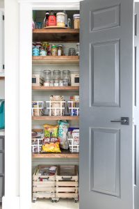small organized pantry closet with dark gray door