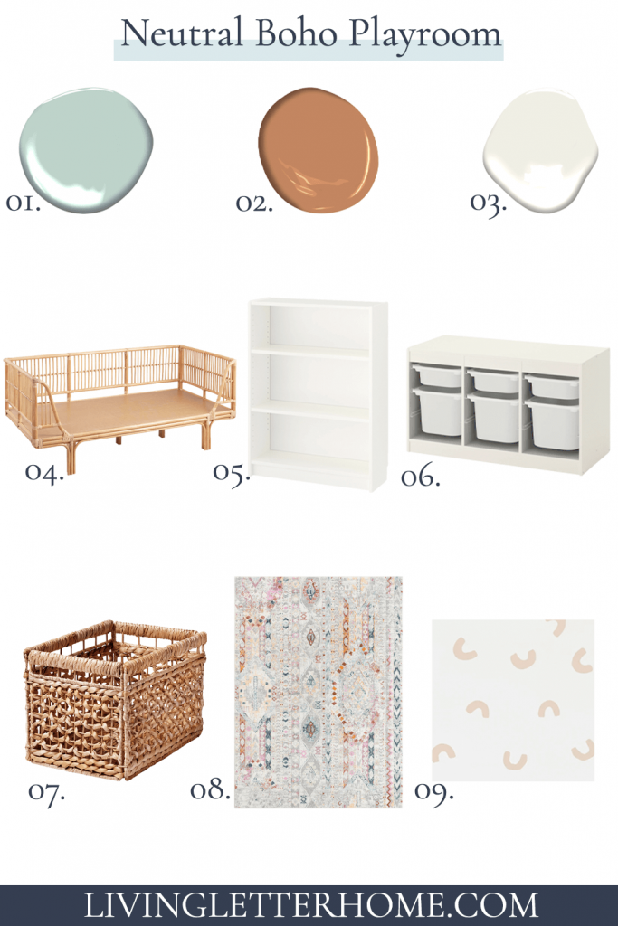 Neutral boho playroom design elements with numbers