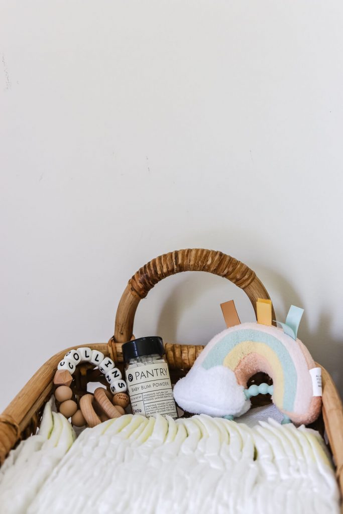 close up of diapers in rattan storage