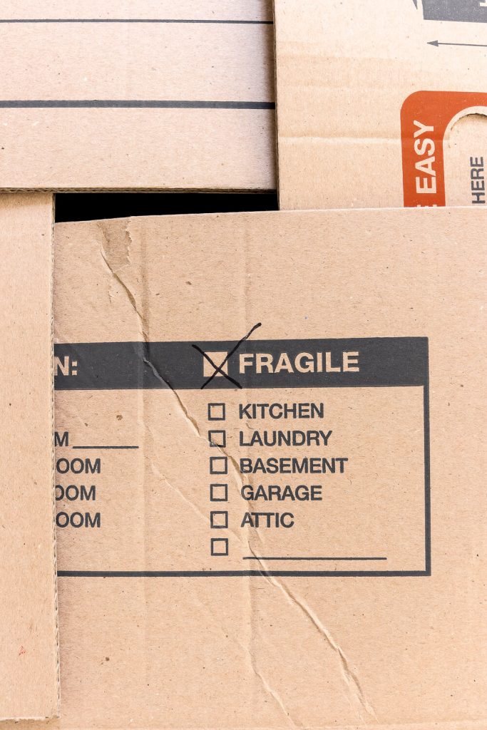 Home Depot moving box with the word fragile checked on it