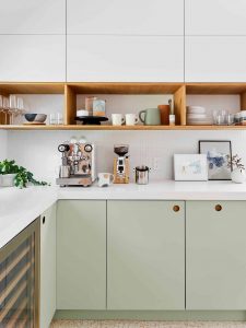 white and sage green flat panel slab cabinet door front