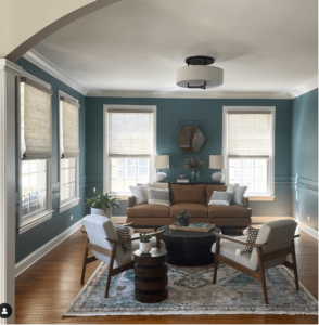 living room with leather sofa and walls with benjamin moore aegean teal