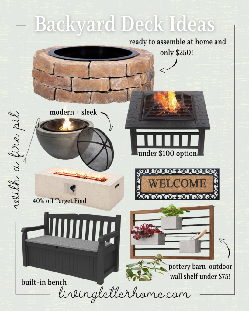 backyard deck ideas with a fire pit graphic