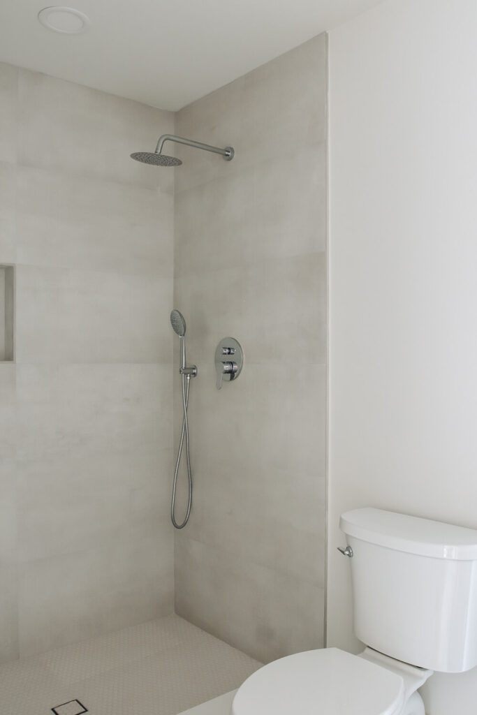 concrete look tile with white walls