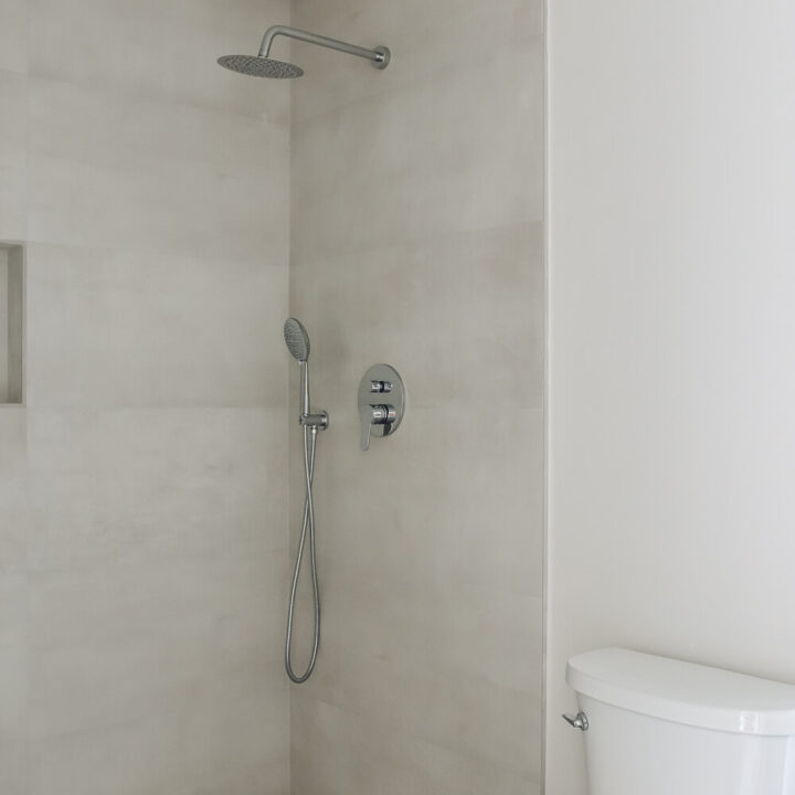 concrete look tile with white walls