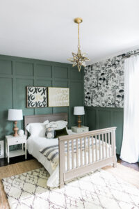 grid accent wall painted in SW rosemary in a toddler boy room
