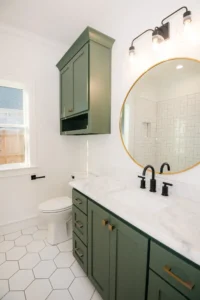 bathroom with vanity and cabinet painted sherwin williams rosemary