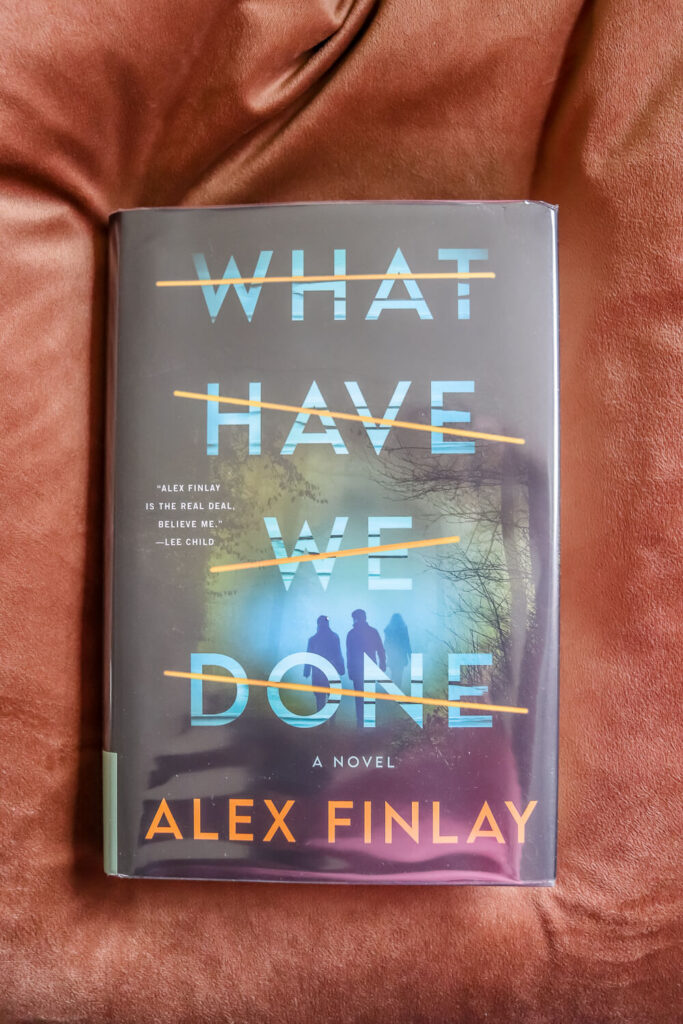 what have we done by alex finlay laying on brown pillow