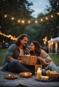 man and woman having picnic outside with wicker picnic basket