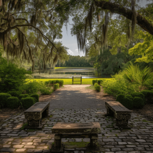 image of trees creating a shaded space with benches in Edisto Island