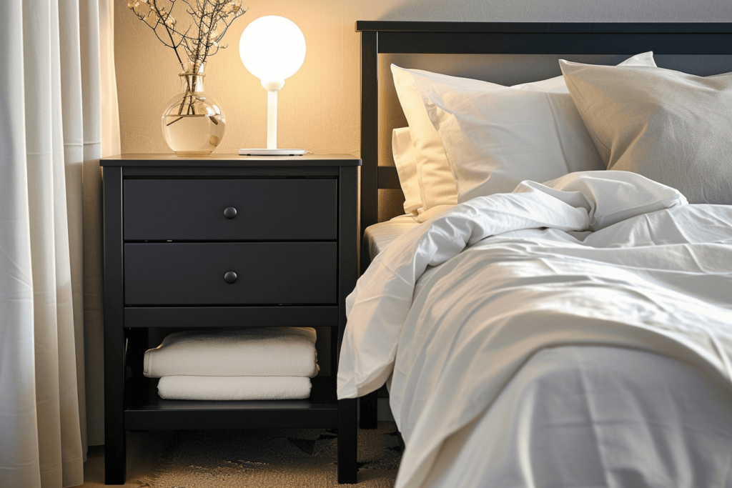 black bed and nightstand with 2 towels on the nightstand