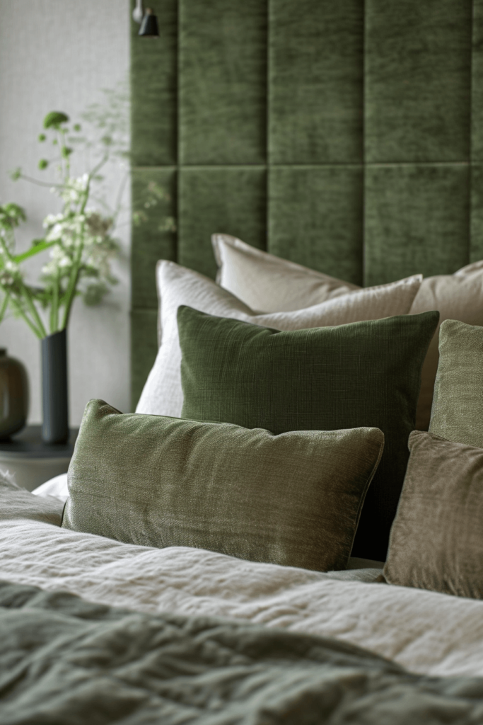 different tones of olive green in velvet pillows on bed and a tall velvet headboard