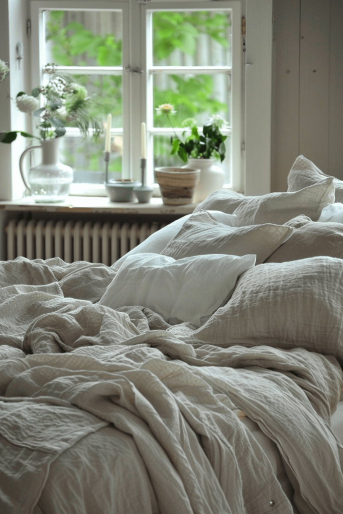 closeup of fluffy linen bedding