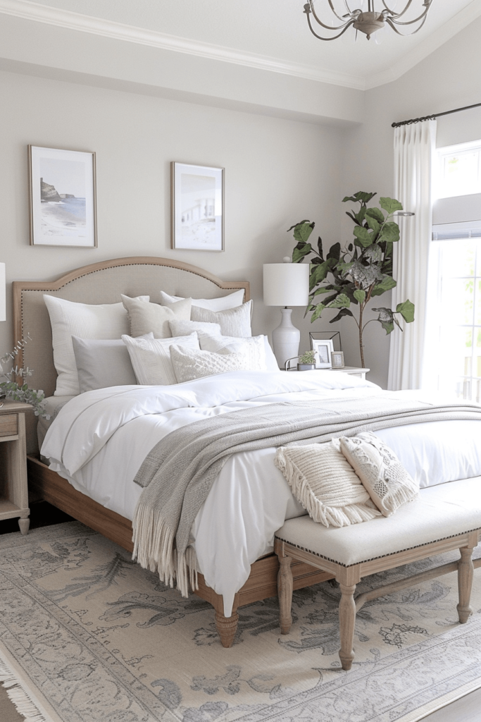 traditional bedroom with upholstered headboard and bench at the end