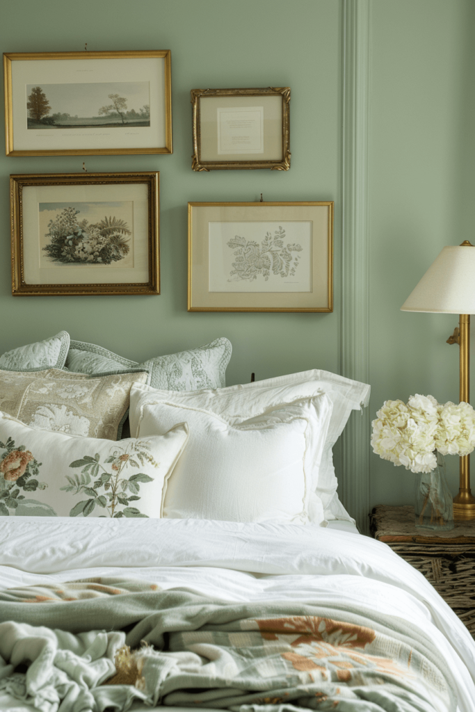 cozy cottage bedroom with vintage gold frames in a gallery wall above the bed