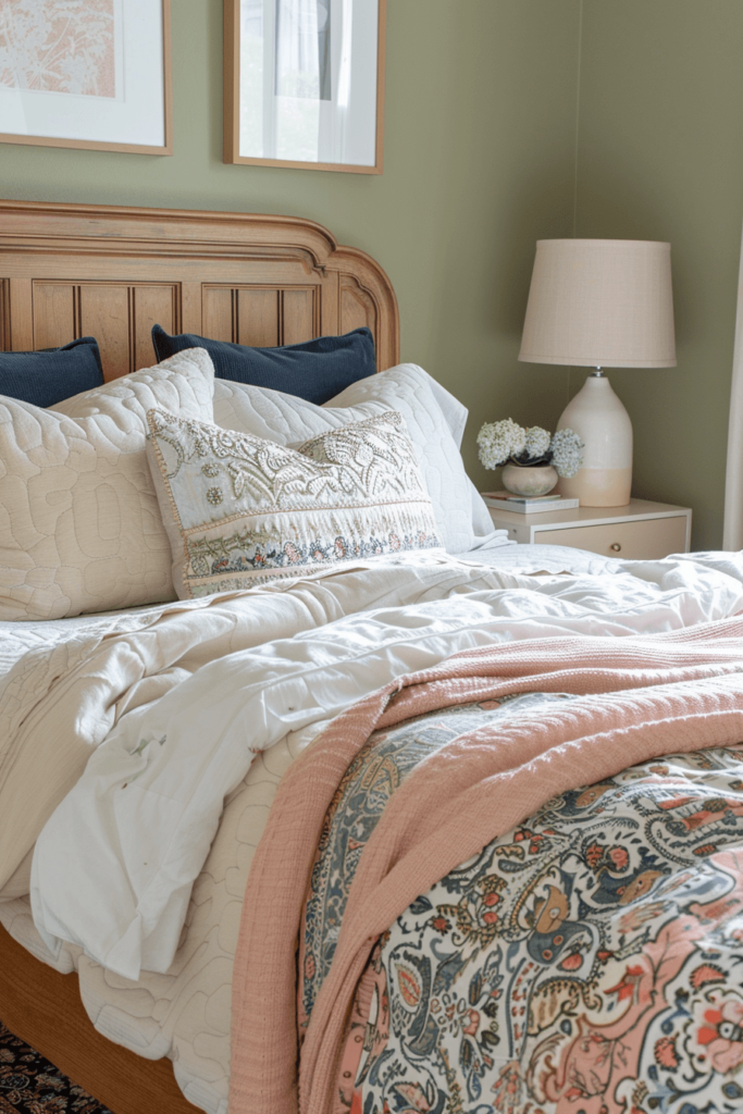 bed linens with blush and navy colors layered like a pottery barn bed