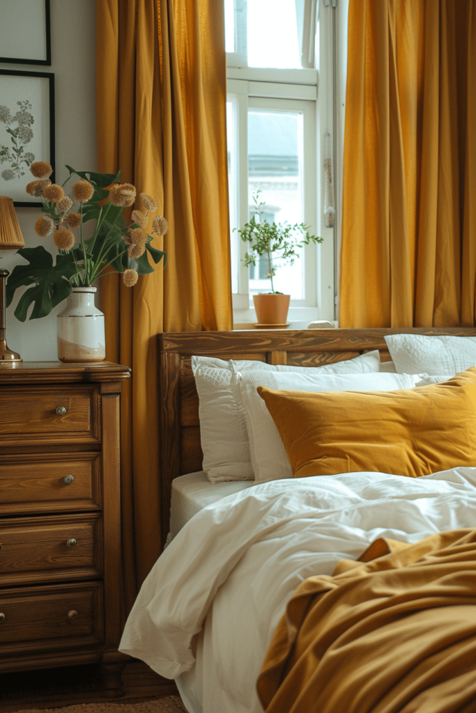 warm wood bed and nightstand in a bedroom and on the bed is white bedding and mustard accents. there are mustard curtains behind the bed on the window