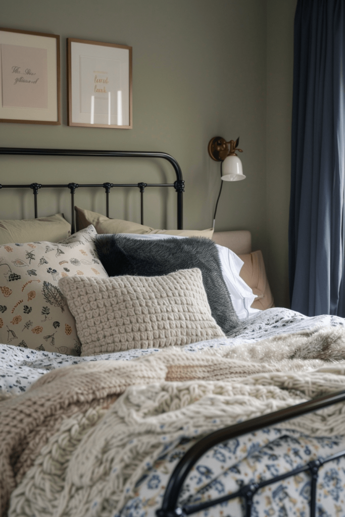 cozy bedding on a black metal frame and a sconce beside the bed