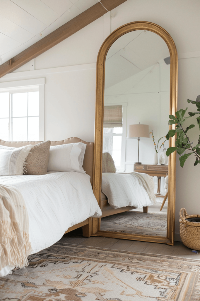 tall gold floor mirror in bedroom with white and tan bedding