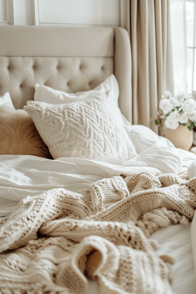 high end bedding on a bed with a tan headboard