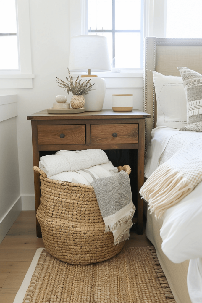 seagrass basket beside the bed with blankets in it