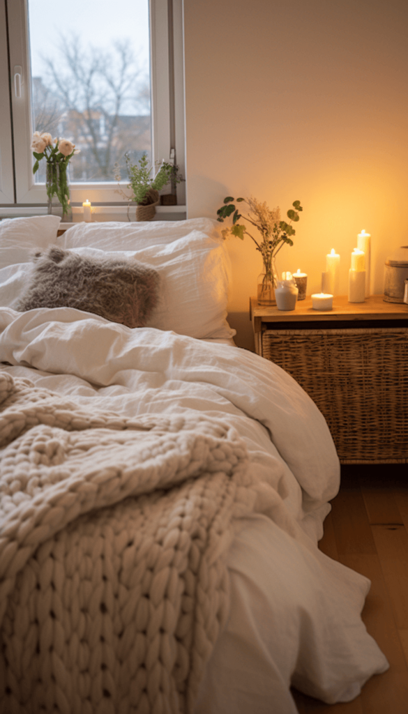 candles on nightstand in bedroom with cozy blankets on bed