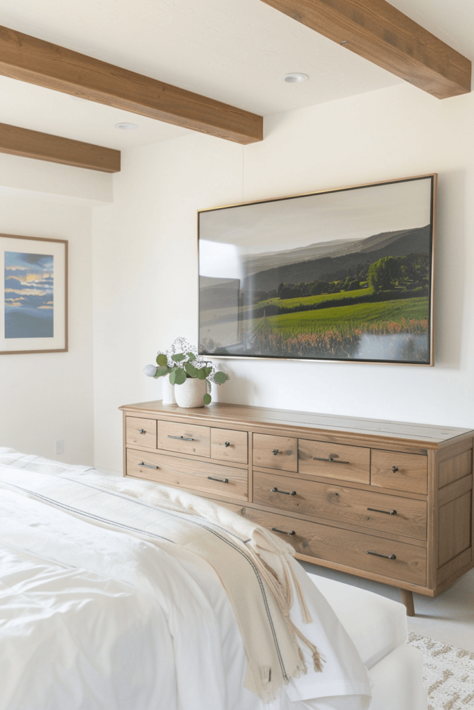 samsung the frame TV hung over a dresser in a bedroom with wood beams on the ceiling