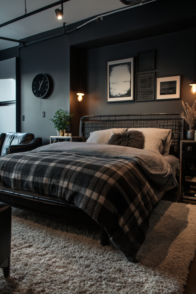 black bedroom with plaid bedding and a plush rug under the bed