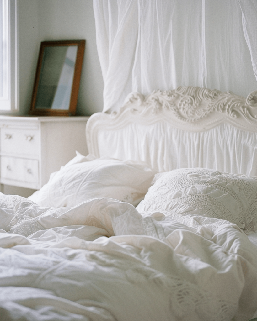 statement vintage white headboard with white sheets closeup