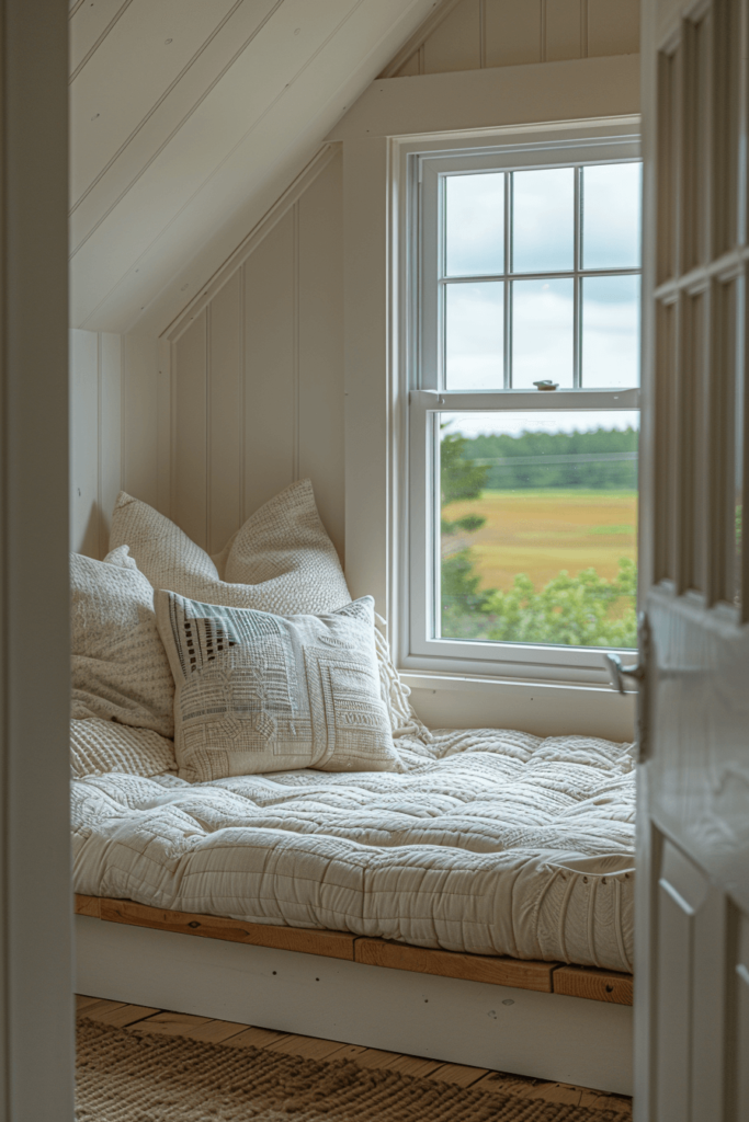 window seat in bedroom looking out over a large field