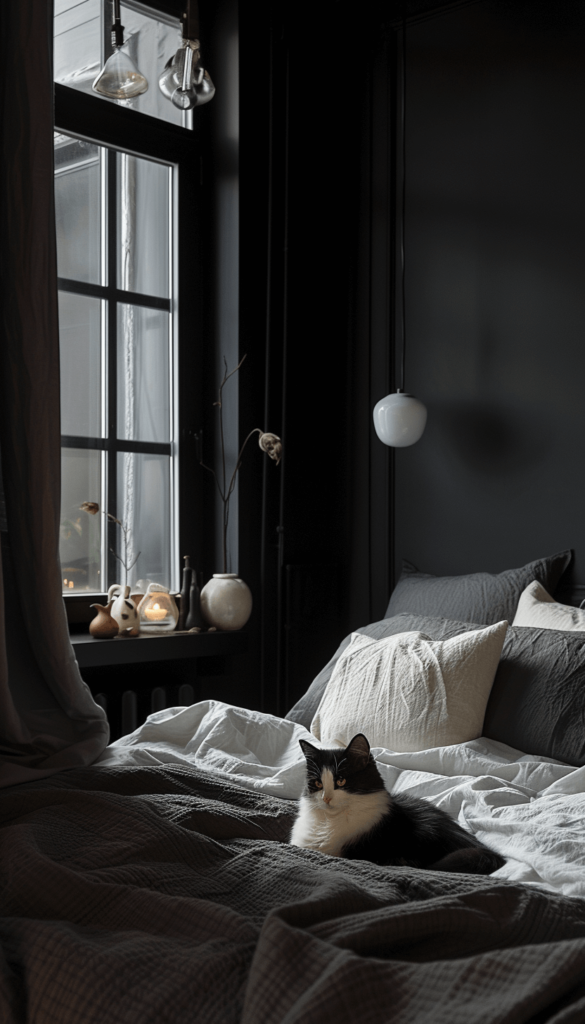 monochromatic black bedroom with black and white cat sitting on the sheets