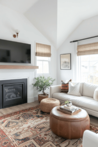 living room painted white and a tv hanging over the white minimal designed fireplace