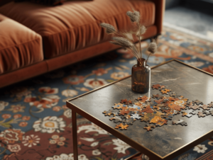 puzzle on table with rust colored velvet couch in the background