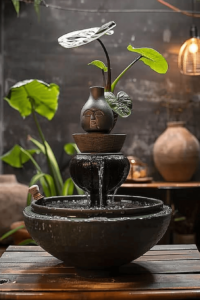 dark water feature with leaves and dark walls in the background