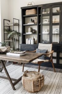 black storage cabinet with small desk and chair in front of it in a home office
