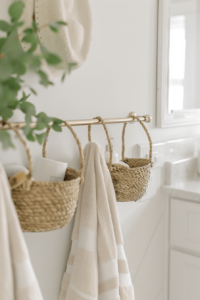 gold towel bar with baskets hanging on it for bathroom organization