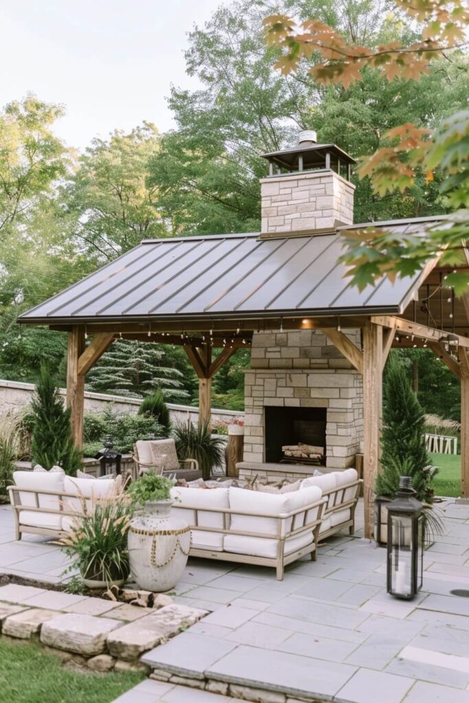 gazebo with outdoor fireplace and sectional