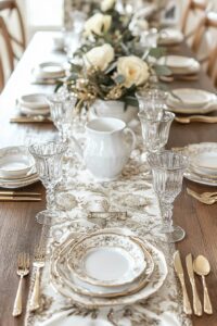 aerial view of tablescape with white and gold place settings and glasses